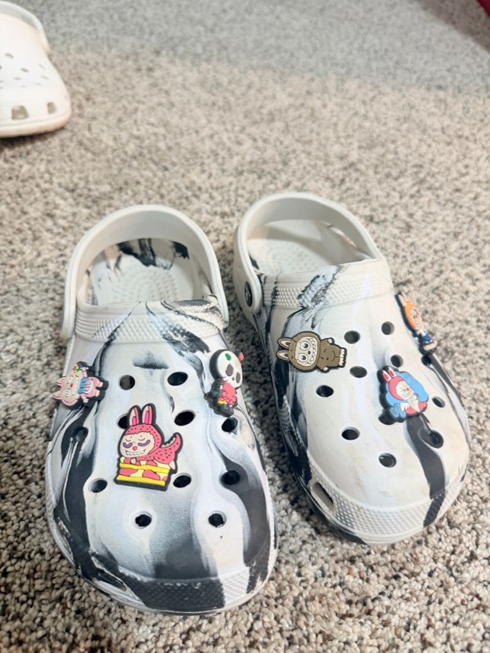 Kids White & Black Marble Clog Shoes with Character Charms